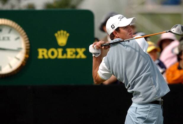 Adam Scott (Australien) schaut seinem Abschlag hinterher -  Golf Herren Johnnie Walker Classic 2005, Classics, PGA European Tour, Golfen, Vdig, Einzelbild Peking Beijing