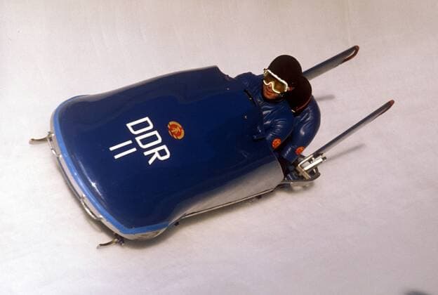 Pilot Meinhard Nehmer und Bernhard Germeshausen (DDR II) Bobsport OS Winter Herren Olympische Winterspiele Innsbruck 1976, Olympia, Olympiade, Spiele, Bob, Zweierbob, Zweier, Vdia Gruppe Igls