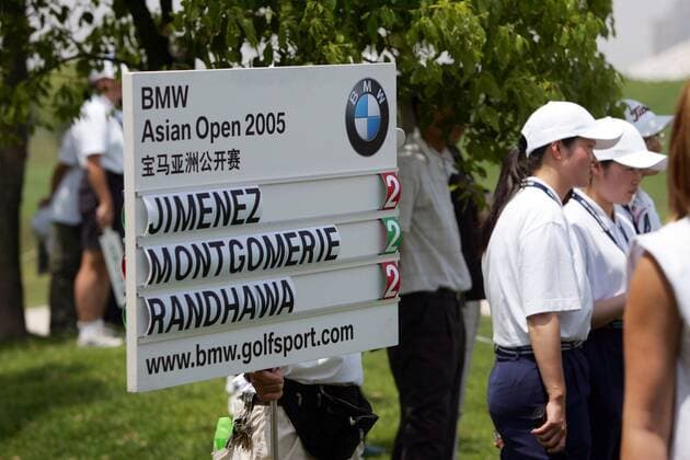 Anzeigetafel mit dem Zwischenstand der BMW Asian Open 2005; Miguel Angel Jimenez (Spanien), Colin Montgomerie (Schottland) und Jyoti Randhawa (Indien) liegen gleichauf -  Golf Herren BMW Asian Open 2005, PGA European Tour, Golfen Einzelbild IMCp04631501 Shanghai