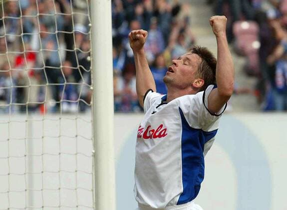 Ronald Maul (Rostock) - Torjubel Fußball 1. BL Herren Saison 2004 2005, FC Hansa Rostock, Vdig Einzelbild Rostock Glück, Freude,