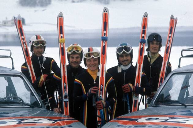 DSV Team v.li.: Peter Fischer, Sepp Ferstl, Richard Jany, Prestl und Michael Veith (alle BR Deutschland) Alpiner Skilauf OS Winter Herren Olympische Winterspiele Innsbruck 1976, Olympia, Olympiade, Spiele, Ski Alpin, Skisport, Vdia Gruppe Patscherkofel