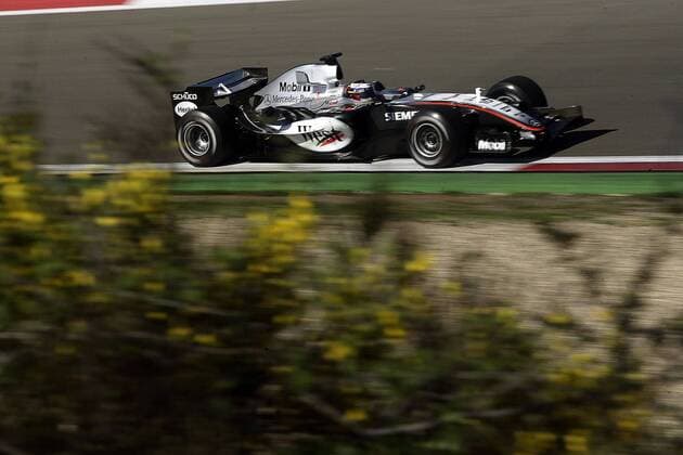 Hinter Sträuchern: Juan Pablo Montoya (Kolumbien McLaren Mercedes) in seinem Boliden Motorsport Grand Prix Herren Großer Preis von Europa 2005, Formel 1 Weltmeisterschaft, F1, F, GP, WM Einzelbild Nürburgring Nürburg