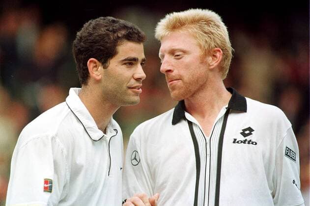 Ich hör auf... Boris Becker (Deutschland, re.) informiert nach seiner Viertelfinalniederlage Pete Sampras (USA) über seine Rücktrittsgedanken -  Tennis Herren All England Championships 1997, ATP Tour, Viertelfinale Gruppe Wimbledon London