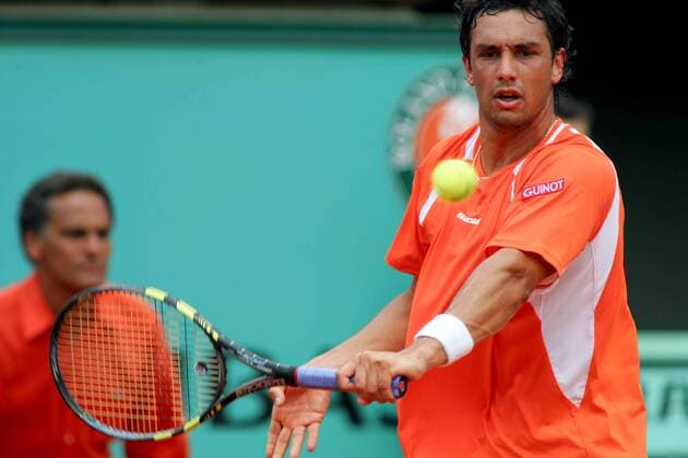Mariano Puerta (Argentinien) - Rückhand Tennis Herren French Open 2005, Grand Slam, ATP Tour Einzelbild pan9634 Paris Roland Garros Dynamik,  