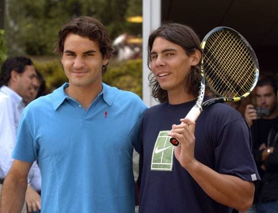 Roger Federer (li., Schweiz) und Rafael Nadal (Spanien) Tennis Herren French Open 2005, Grand Slam, ATP Tour, Pressetermin Gruppe Roland Garros Paris