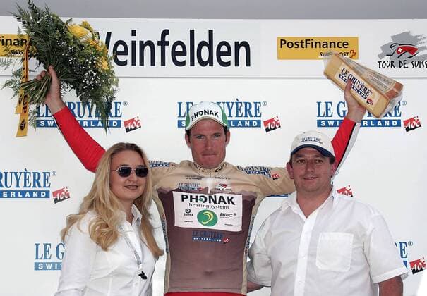 Gregory Rast (Schweiz Phonak, Mitte) - Siegerehrung nach der 1. Etappe der Tour de Suisse Radsport Herren Tour de Suisse 2005, Straßenradsport, Straße, Rad, ProTour Gruppe 1. Etappe: Schaffhausen - Weinfelden Freude,