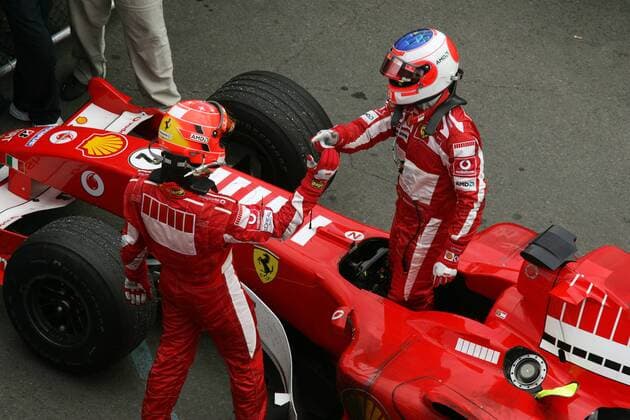 Michael Schumacher (Deutschland, li.) und Rubens Barrichello (Brasilien beide Ferrari) feiern die Plätze 2 und 3 beim Großen Preis von Kanada 2005 Motorsport Grand Prix Herren Großer Preis von Kanada 2005, Formel 1 Weltmeisterschaft, F1, F, GP, WM, Vdig, Gruppe Montreal Freude,