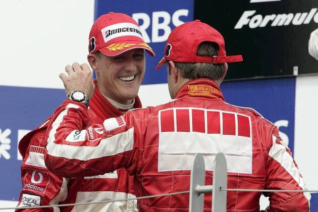 Michael Schumacher (Deutschland, li.) und Teamkollege Rubens Barrichello (Brasilien beide Ferrari) feiern die Plätze 2 und 3 beim Großen Preis von Kanada 2005 Motorsport Grand Prix Herren Großer Preis von Kanada 2005, Formel 1 Weltmeisterschaft, F1, F, GP, WM, Vdig, Gruppe Montreal Freude,