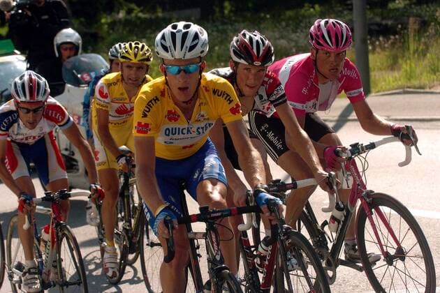 V.li.: Daniel Atienza (Schweiz Cofidis), Leonardo Piepoli (Italien Saunier Duval Prodir), Michael Rogers (Australien Quick Step), Fränk Schleck (Luxemburg CSC) und Jan Ullrich (Deutschland T Mobile) -  Radsport Herren Tour de Suisse 2005, ProTour, Straßenradsport, Straße, Rad, Vdig Gruppe 8. Etappe: Lenk- Verbier
