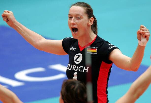 Kerstin Tzscherlich (Deutschland) jubelt Volleyball Länderspiel Damen Weltmeisterschaftsqualifikation 2005, Länderspiel, Qualifikation, Einzelbild Dresden Freude, Begeisterung,