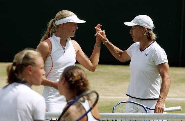 Martina Navratilova (USA, re.) und Anna Lena Groenefeld (Deutschland) - Siegesjubel Tennis Damen All England Championships 2005, Grand Slam, WTA Tour, Rasen, Rasenplatz, Rasentennis, Rasenturnier Gruppe Wimbledon London Freude, Begeisterung,