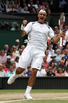 Roger Federer (Schweiz) - Schlußjubel Tennis Herren All England Championships 2005, Grand Slam, ATP Tour Einzelbild Wimbledon London Glück, Begeisterung, Freude,