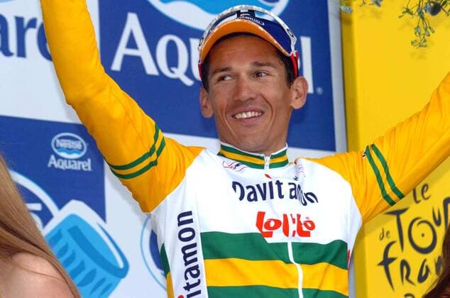 Etappensieger Robbie McEwen (Australien Davitamon Lotto) während der Siegerehrung -  Radsport Herren Tour de France 2005, ProTour, Straßenradsport, Straße, Rad, Vdig Einzelbild 7. Etappe: Luneville - Karlsruhe Freude,