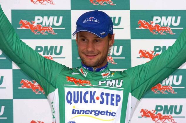 Tom Boonen (Belgien Quick Step) während der Siegerehrung im grünen Trikot des punktbesten Fahrers -  Radsport Herren Tour de France 2005, ProTour, Straßenradsport, Straße, Rad, Vdig Porträt 7. Etappe: Luneville - Karlsruhe Freude,