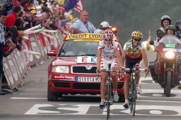 Mickael Rasmussen (li., Dänemark Rabobank) im gepunkteten Trikot vor Francisco Mancebo (Spanien Illes Balears) -  Radsport Herren Tour de France 2005, ProTour, Straßenradsport, Straße, Rad, Vdig Gruppe 10. Etappe: Grenoble - Courchevel