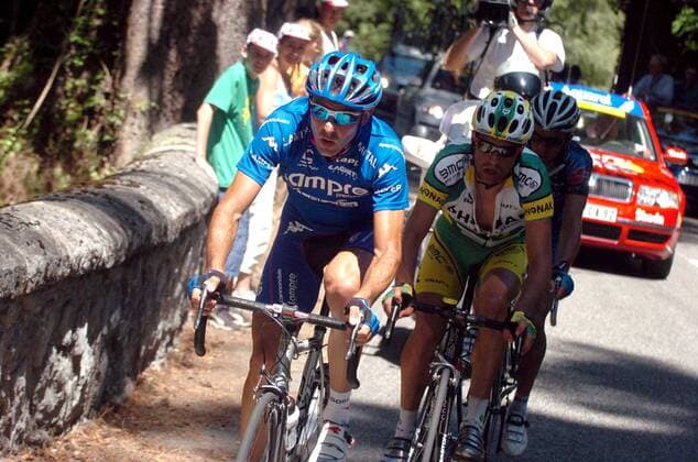 Eddy Mazzoleni (Italien Lampre Caffita, li.) und Oscar Pereiro Sio (Spanien Phonak) - , Radsport Herren Tour de France 2005, ProTour, Straßenradsport, Straße, Rad Gruppe 16. Etappe: Mourenx - Pau