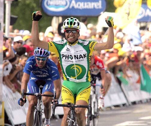 Oscar Pereiro Sio (Spanien Phonak) am Ziel, er gewinnt die 16. Etappe der Tour de France - , Radsport Herren Tour de France 2005, ProTour, Straßenradsport, Straße, Rad Einzelbild 16. Etappe: Mourenx - Pau Freude, Begeisterung,