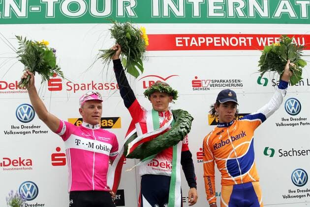 Etappensieger Steven Caethoven (Belgien Chocolade Jacques T Interim, Mitte), Zweiter Eric Baumann (Deutschland T Mobile, li.) und der dritte Thomas Dekker (Niederlande Rabobank) Radsport Herren Sachsentour 2005, Straßenradsport, Straße, Rad, Gruppe 1. Etappe: Dresden - Werdau