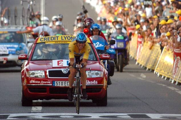 Der Gesamtführende Lance Armstrong (USA Discovery Channel) - Einzelzeitfahren -  Radsport Herren Tour de France 2005, ProTour, Straßenradsport, Straße, Rad, Zeitfahren, Einzelzeitfahren Einzelbild 20. Etappe: Saint Etienne
