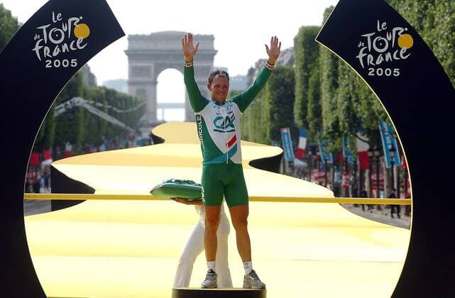 Thor Hushovd (Norwegen Credit Agricole) ist der beste Sprinter der Tour de France 2005 Radsport Herren Tour de France 2005, ProTour, Straßenradsport, Straße, Rad, Siegerehrung, Podium, Podest Einzelbild Paris Champs Elysees Elysee Freude,