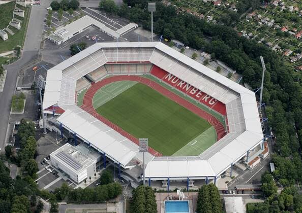Luftaufnahme des Nürnberger Frankenstadions, Spielstätte der FIFA Weltmeisterschaft 2006 in Deutschland Fußball 1. BL Herren Vorschau 2005, Weltmeisterschaft 2006, WM, 1. FC Nürnberg Totale Frankenstadion Nürnberg