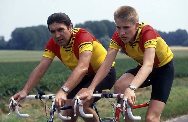 Eddy Merckx trainiert mit seinem Sohn Axel (beide Belgien) -  Radsport Herren Straßenradsport 1989, Straße, Rad Gruppe