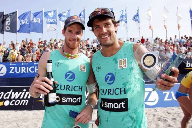 Andreas Scheuerpflug (re.) und Christoph Dieckmann (beide Deutschland) - Sieger der Zürich Masters Fehmarn 2005 Beachvolleyball Herren Zürich Masters 2005, Zurich, Zuerich, Beach Gruppe Fehmarn Freude,