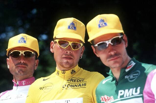 V.li.: Christian Henn, Jan Ullrich und Erik Zabel (alle Deutschland Team Telekom) -  Radsport Herren Tour de France 1997, Straßenradsport, Straße, Rad, Vdig Gruppe