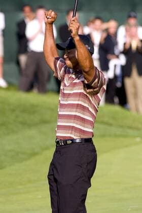 Eldrick Tiger Woods (USA) jubelt - (Icon4390951) Golf Herren WGC NEC Invitational 2005, PGA Tour, Golfen Einzelbild Akron Ohio Freude, EDITORIAL USE ONLY