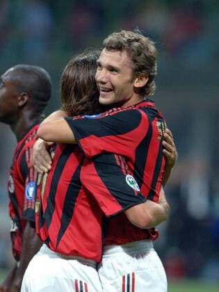 Andriy Shevchenko (re.) und Andrea Pirlo (beide Milan) - Torjubel Fußball Herren Serie A 2005 2006, 1. Italienische Liga, AC Mailand Gruppe Mailand Freude,