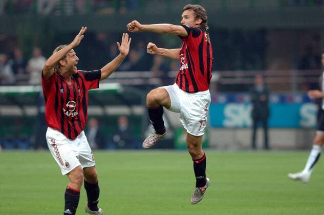 Andriy Shevchenko (re.) und Massimo Ambrosini (beide Milan) - Torjubel Fußball Herren Serie A 2005 2006, 1. Italienische Liga, AC Mailand Gruppe Mailand Freude,