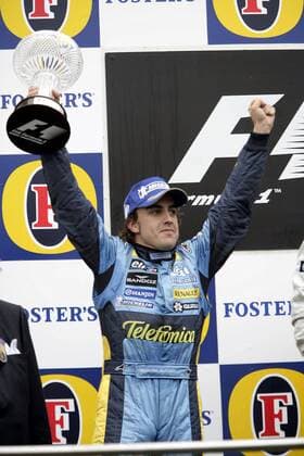 Fernando Alonso (Spanien Renault) - Zweiter des Großen Preises von Belgien in Spa Francorchamps 2005 Motorsport Grand Prix Herren Großer Preis von Belgien 2005, Formel 1 Weltmeisterschaft, F1, F, GP, WM, Einzelbild Spa-Francorchamps Freude, Begeisterung,