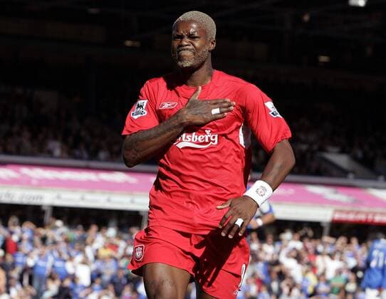 Torschütze Djibril Cisse (Liverpool) bekennt sich beim jubeln zum FC Liverpool - EDITORIAL USE ONLY. No use with unauthorised audio, video, data, fixture lists, club league logos or live services. Online in-match use limited to 120 images, no video emulation. No use in betting, games or single club league player publications. Fußball Herren English Premier League 2005 2006, 1. Englische Liga, FC Liverpool, Vdig Einzelbild Birmingham Freude,