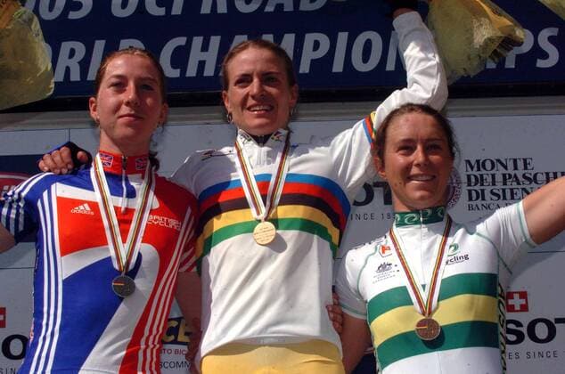 Siegerehrung, v.li.: Nicole Cooke (Großbritannien), Weltmeisterin Regina Schleicher (Deutschland) und Oenone Wood (Australien) -  Radsport WM Damen Weltmeisterschaft 2005, Straßenradsport, Straße, Rad, Nationaltrikot, Gruppe Madrid Freude,