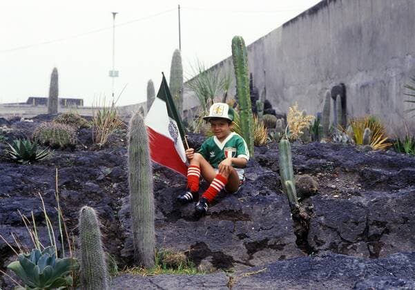 Verschmitzter kleiner mexikanischer Fan mit Landesflagge und Nationaltrikot sitzt während der WM 1986 zwischen Kakteen und grinst sich eins Fußball WM Herren Weltmeisterschaft 1986 Einzelbild Mexico-City
