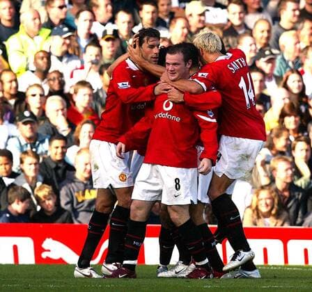 Torjubel Manchester United, v.li.: Ruud van Nistelrooy, Wayne Rooney, Alan Smith -  Fußball Herren English Premier League 2005 2006, 1. Englische Liga, Manchester United, ManU Gruppe Fulham Freude,