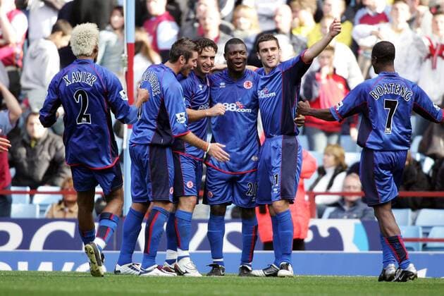 Torjubel Middlesbrough, v.re.: George Boateng, Stuart Parnaby, Yakubu Ayegbeni, Fabio Rochemback, Frank Queudrue und Abel Xavier -  Fußball Herren English Premier League 2005 2006, 1. Englische Liga, FC Middlesbrough Gruppe Birmingham Freude,