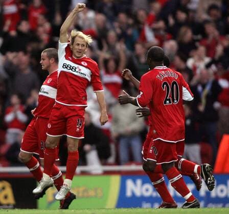 Torjubel Middlesbrough, v.li.: Matthew Bates, Gaizka Mendieta und Yakubu Ayegbeni -  Fußball Herren English Premier League 2005 2006, 1. Englische Liga, FC Middlesbrough Gruppe Middlesbrough Freude,