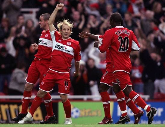 Torjubel Middlesbrough, v.li.: Matthew Bates, Gaizka Mendieta und Yakubu Ayegbeni -  Fußball Herren English Premier League 2005 2006, 1. Englische Liga, FC Middlesbrough Gruppe Middlesbrough Freude,