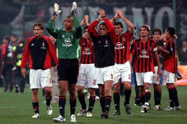 Schlußjubel Milan, v.li.: Alberto Gilardino, Torwart Dida, Andrea Pirlo, Filippo Inzaghi, Christian Vieri und Paolo Maldini Fußball Herren Serie A 2005 2006, 1. Italienische Liga, AC Mailand Gruppe Mailand Freude,