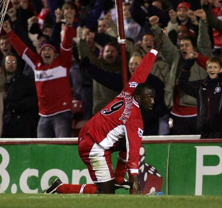 Jimmy Floyd Hasselbaink (Middlesbrough) - Torjubel -  Fußball Herren English Premier League 2005 2006, 1. Englische Liga, FC Middlesbrough Einzelbild Middlesbrough Freude,