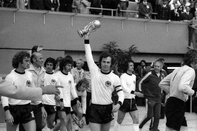 Schlußjubel Weltmeister BR Deutschland, v.li.: Rainer Bonhof, Bundestrainer Helmut Schön, Gerd Müller, Paul Breitner, Bernd Hölzenbein, Franz Beckenbauer mit dem WM Pokal, Wolfgang Overath, Masseur Erich Deuser, Torwart S. Maier Fußball WM Herren Weltmeisterschaft 1974, Nationalmannschaft, Nationalteam, Nationaltrikot, Länderspiel, Finale Totale Siegerehrung, Podium, Podest München Glück, Begeisterung, Freude,