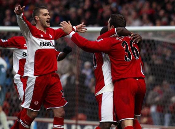 Torjubel Middlesbrough, u.a. Stuart Parnaby (li.) und Mark Viduka -  Fußball Herren English Premier League 2005 2006, 1. Englische Liga, Middlesbrough FC Gruppe Middlesbrough Freude,
