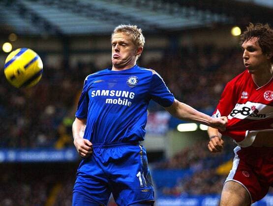 Damien Duff (Chelsea, li.) gegen Emanuel Pogatetz (Middlesbrough) -  Fußball Herren English Premier League 2005 2006, 1. Englische Liga, Chelsea FC London - FC Middlesbrough 1:0 Gruppe London Dynamik,