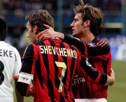 Andriy Shevchenko (li.) und Alberto Gilardino (beide Milan) - Torjubel -  Fußball Herren Serie A 2005 2006, 1. Italienische Liga, AC Mailand Gruppe Mailand Begeisterung, Freude,