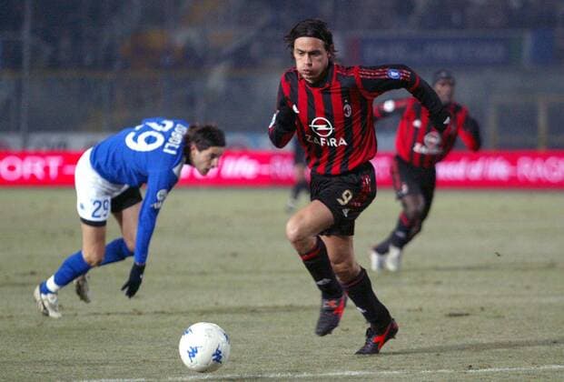 Filippo Inzaghi (Milan, re.) lässt Zoboli (Brescia) hinter sich Fußball Herren Coppa Italia 2005 2006, Italienischer Pokal, Pokalspiel, Brescia Calcio - AC Mailand 3:4 Gruppe Brescia Dynamik,