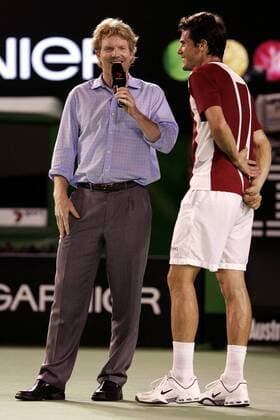 Jim Courier (USA, li.) interviewt Thomas Haas (Deutschland) Tennis Herren Australian Open 2006, Grand Slam, ATP Tour, Hartplatz, Hardcourt, Hartplatztennis, Hartplatzturnier Gruppe Melbourne
