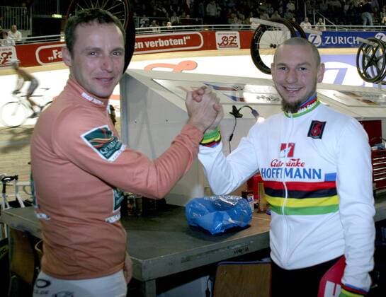 Rene Wolff (re.) und Guido Fulst (beide Deutschland) Radsport Herren 95. Berliner Sechstagerennen 2006, Sechstage, Sechs, sixdays, six days, Rad, Bahn, Halle, Indoor Gruppe Bahnrad Berlin Freude,