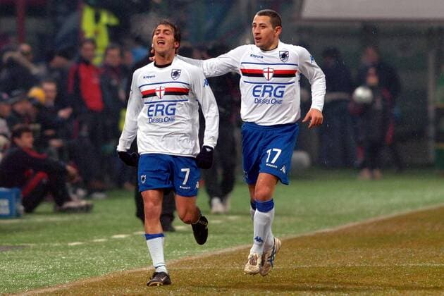 Andrea Gasbarroni (li.) und Angelo Palombo (beide Sampdoria Genua) - Torjubel - Fußball Herren Serie A 2005 2006, 1. Italienische Liga, Sampdoria Genua Gruppe Mailand Freude,