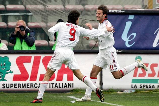 Alberto Gilardino (re.) und Filippo Inzaghi (beide Milan) - Torjubel Fußball Herren Serie A 2005 2006, 1. Italienische Liga, AC Mailand Gruppe Reggina Glück, Dynamik, Begeisterung, Freude,